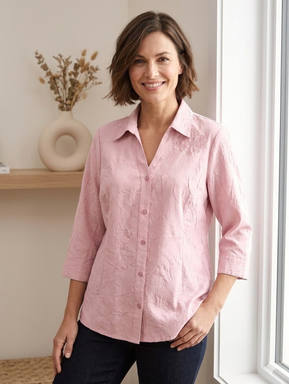 Emotions Pink Buttons Up Quarter Sleeves Blouse, Size 15